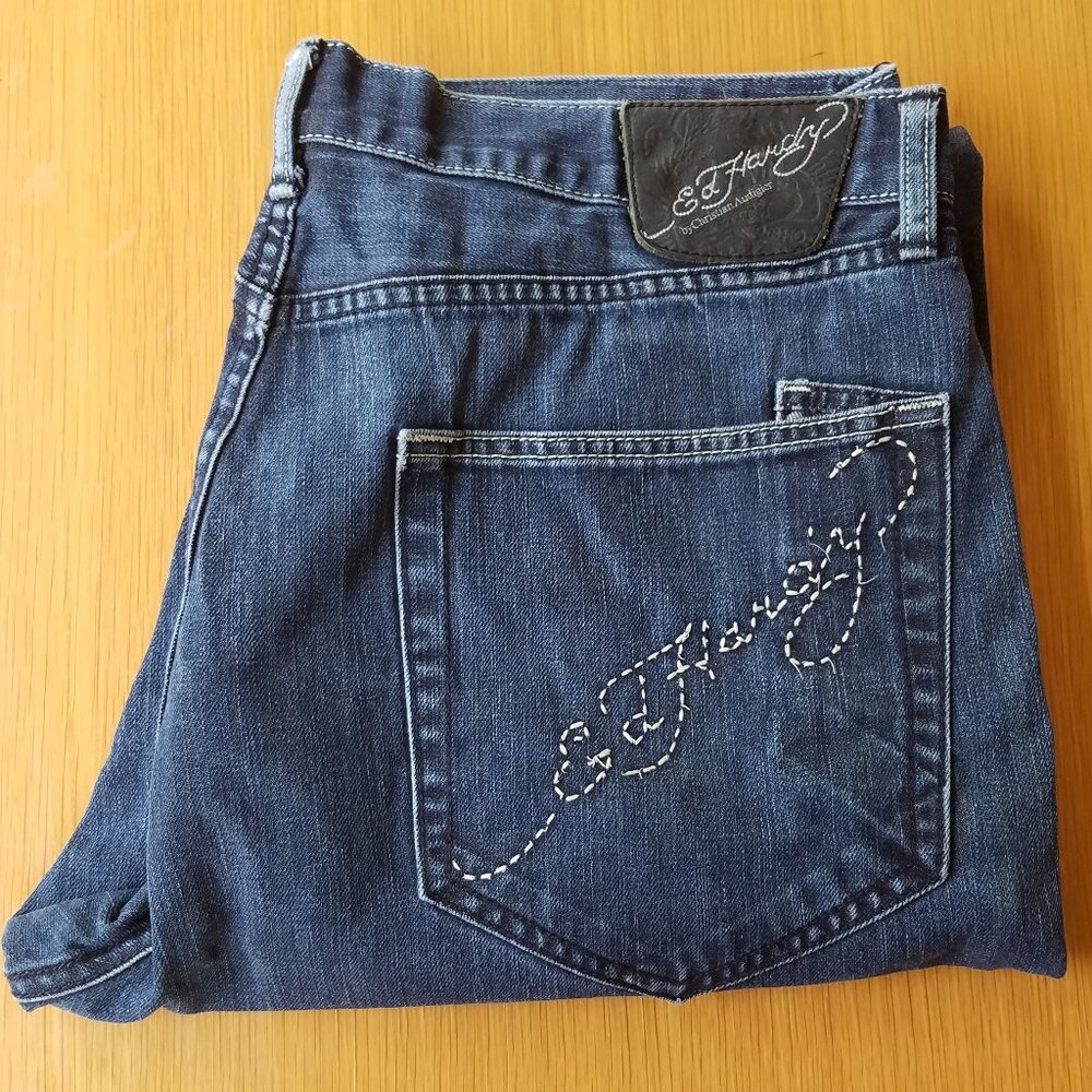 Ed Hardy 40 x 34 Embroidered Button Fly Blue Jeans by Christian Audigier